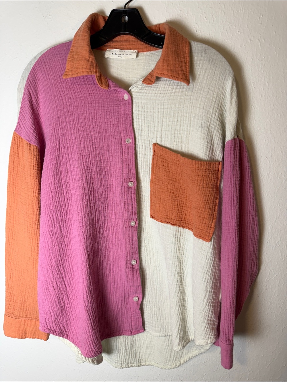 American Threads Colorblock Button-Up Jacket in Pink, Orange & Cream